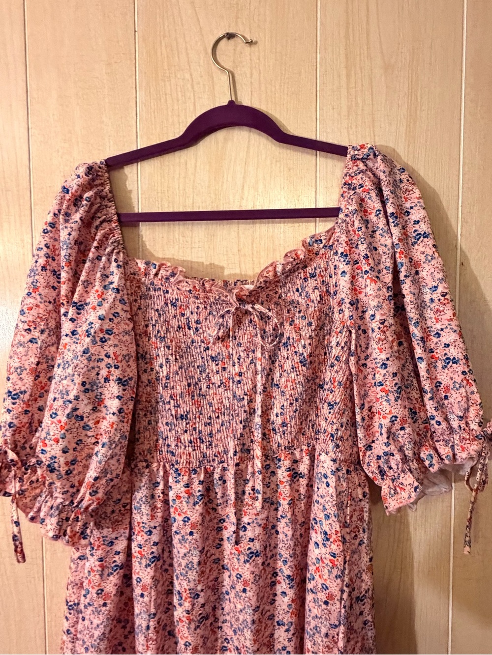 Peach Floral Smocked Maxi Dress with Puff Sleeves - Picture 3 of 5